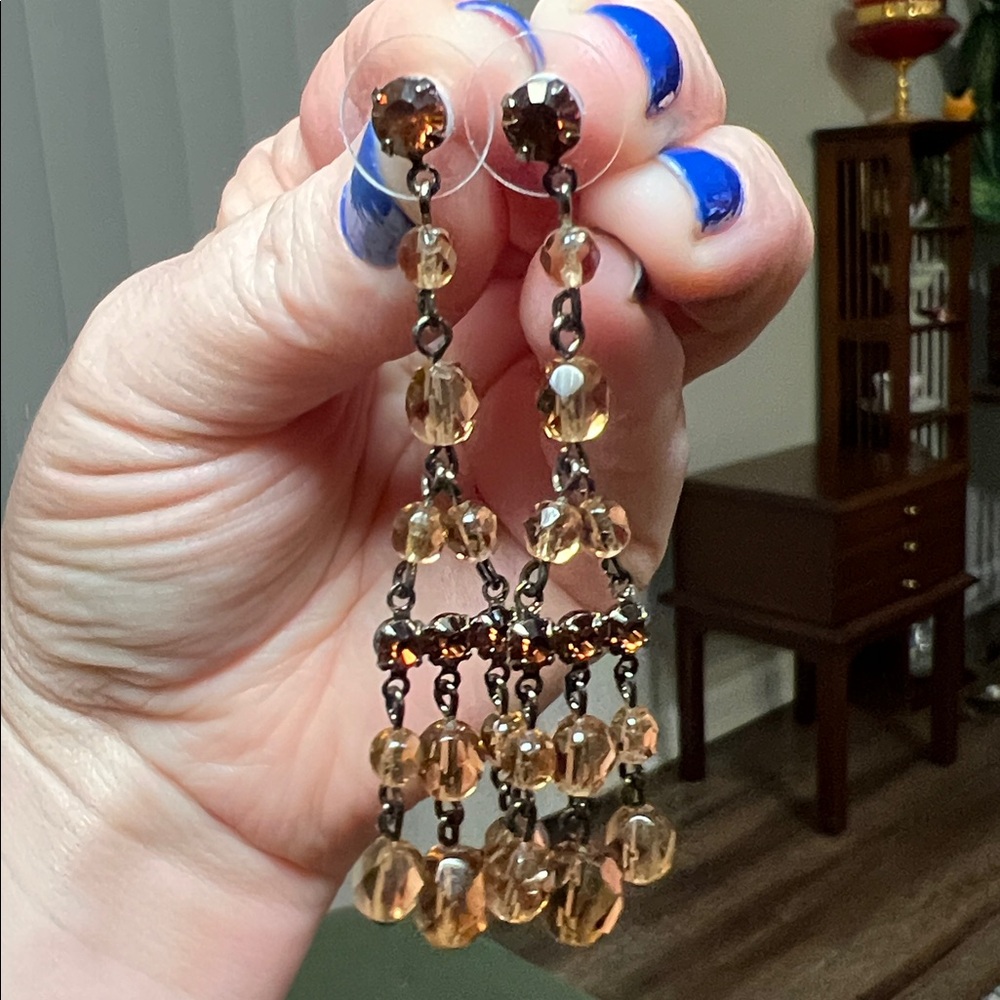 Sparkly Brown Rhinestone Chandelier Style Dangle Earrings